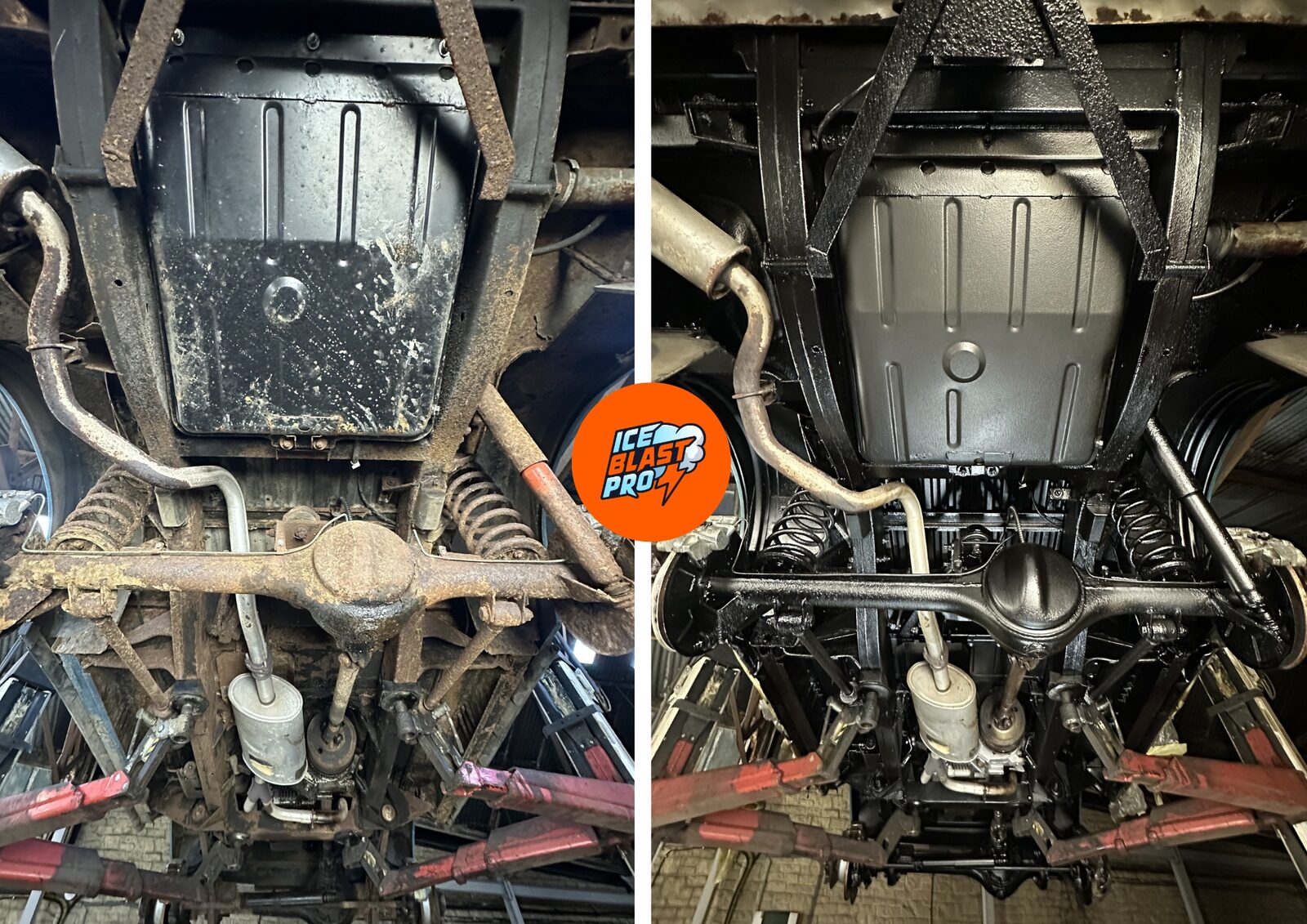 Range Rover Suffix rear axle and tank guard before and after – cleaned, rust-treated and sealed