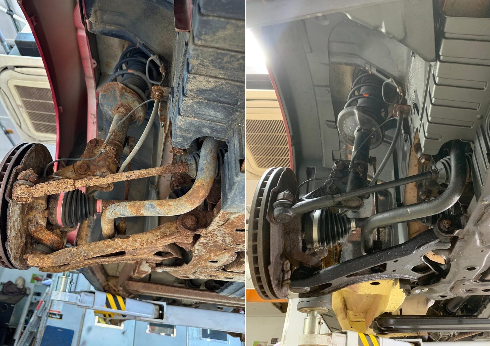 Underbody suspension components, before and after preservation work – heavy corrosion taken back to bare, treatable metal.