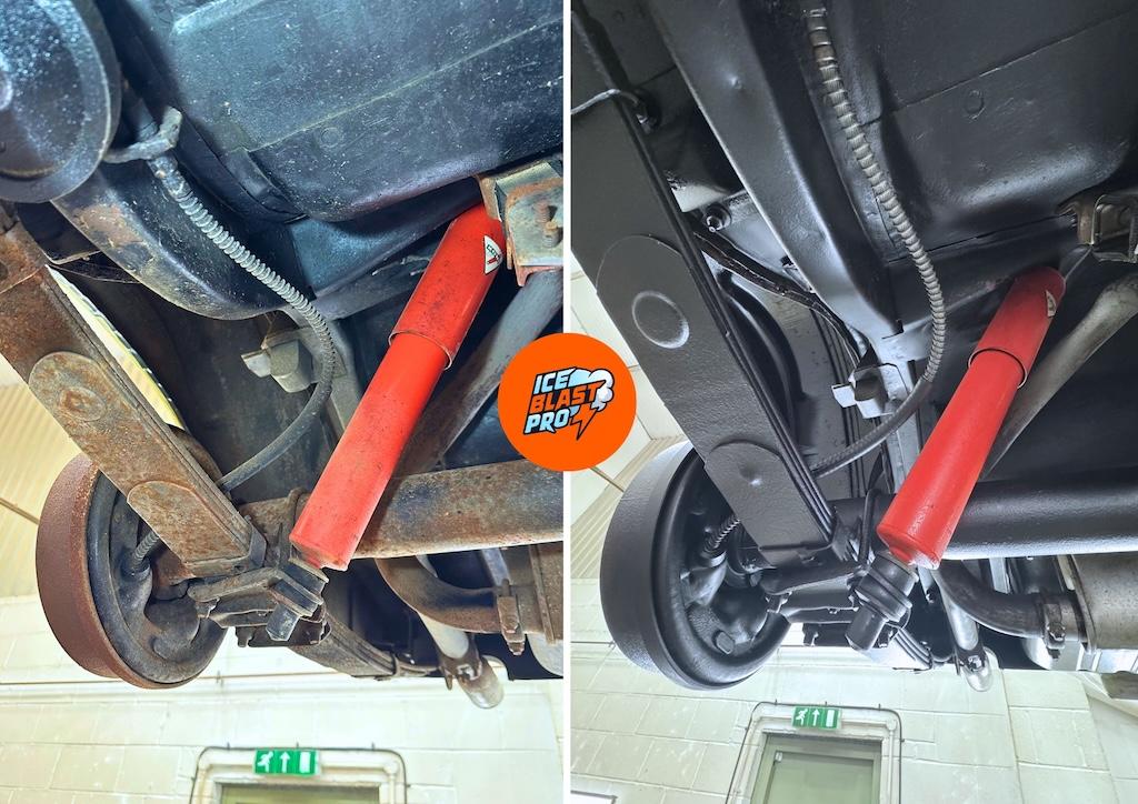 Shelby GT500 rear axle and shock area before and after – Dynax UB brown applied, the original red shock left clean