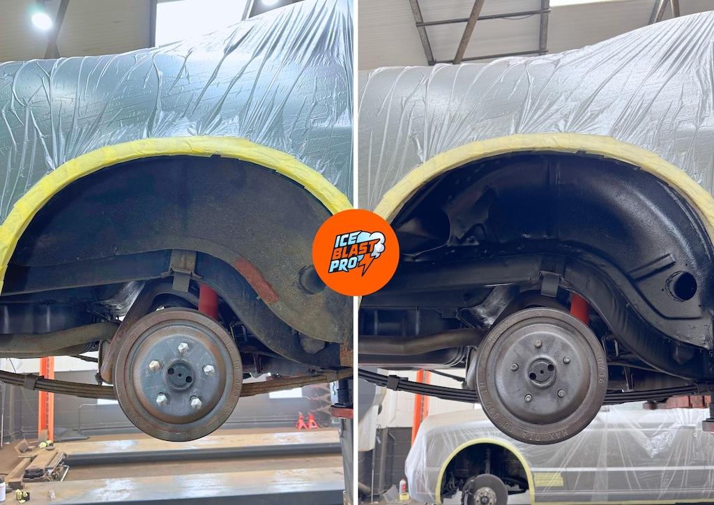 Shelby GT500 wheel arch before and after – failed aftermarket underseal removed, treated and sealed in Dinitrol 4941 black