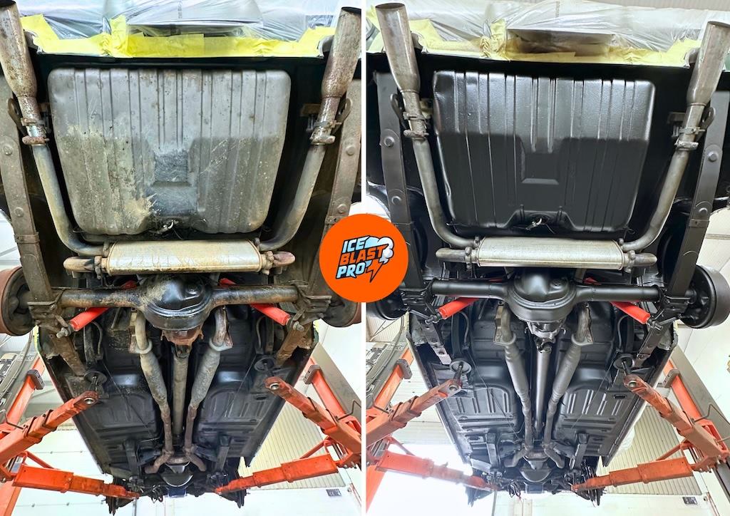 Shelby GT500 rear underside before and after dry ice blasting and underbody preservation at IceBlastPro