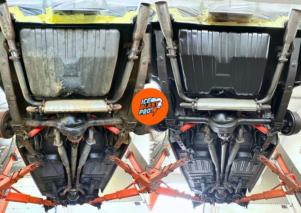 Shelby GT500 rear underside before and after dry ice blasting and underbody preservation at IceBlastPro