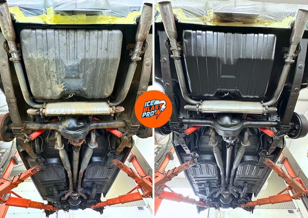 Entire underside of a Ford Mustang Shelby GT500 underbody, before and after dry ice blasting and corrosion protection