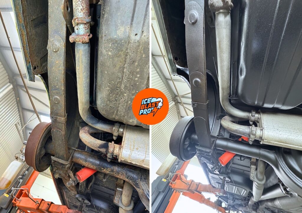 Leaf spring, alternate angle of a Ford Mustang Shelby GT500 underbody, before and after dry ice blasting and corrosion protection