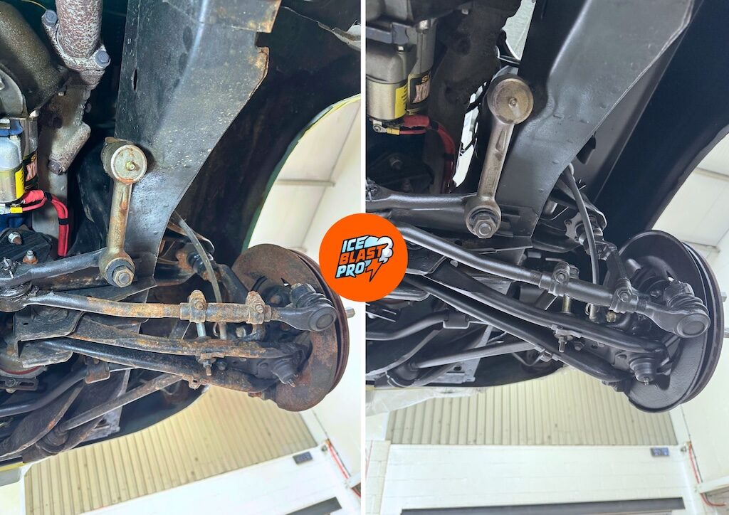 Front control arm of a Ford Mustang Shelby GT500 underbody, before and after dry ice blasting and corrosion protection