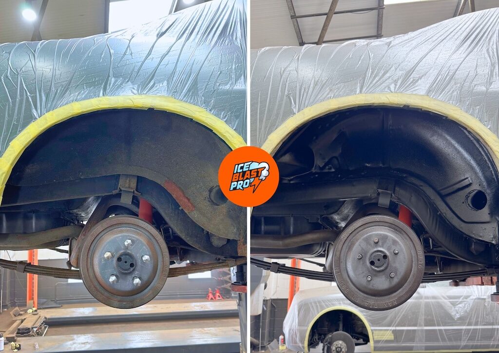 Wheel arch of a Ford Mustang Shelby GT500 underbody, before and after dry ice blasting and corrosion protection
