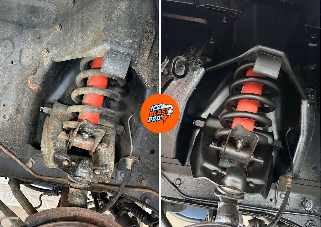 Front strut & coil of a Ford Mustang Shelby GT500 underbody, before and after dry ice blasting and corrosion protection