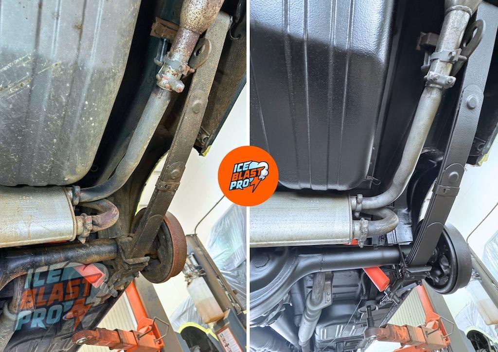 Ford Mustang Shelby GT500 underbody area 1 before and after dry ice blasting, rust treatment and protection
