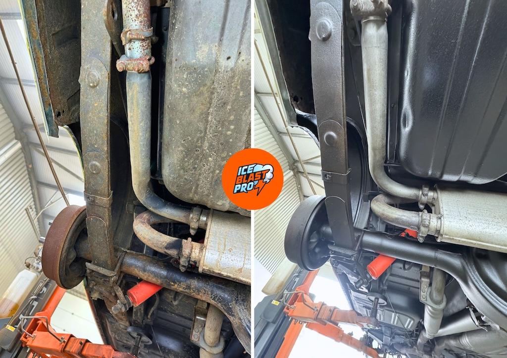 Ford Mustang Shelby GT500 underbody area 2 before and after dry ice blasting, rust treatment and protection