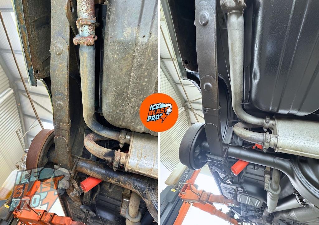 Ford Mustang Shelby GT500 underbody area 2 before and after dry ice blasting, rust treatment and protection