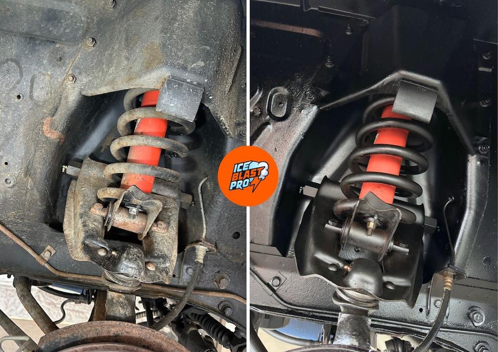Ford Mustang Shelby GT500 underbody area 3 before and after dry ice blasting, rust treatment and protection