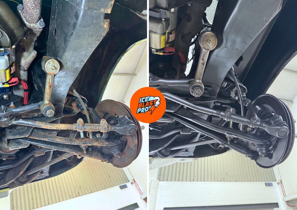 Ford Mustang Shelby GT500 underbody area 4 before and after dry ice blasting, rust treatment and protection
