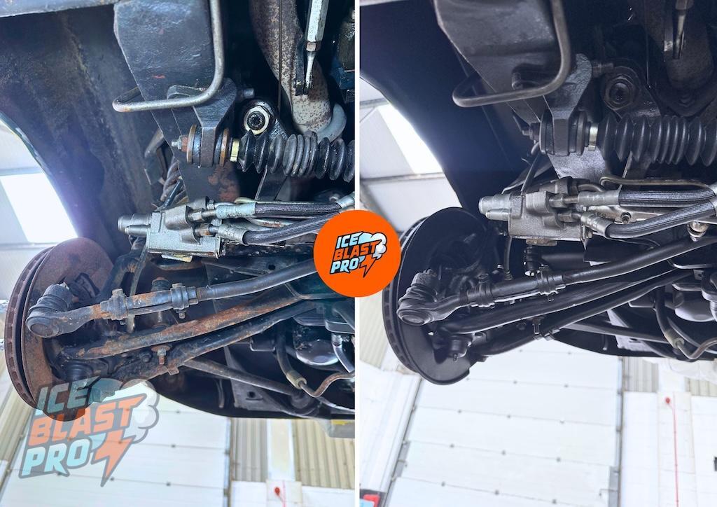Ford Mustang Shelby GT500 underbody area 5 before and after dry ice blasting, rust treatment and protection