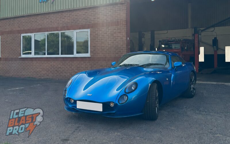 Blue TVR Tuscan outside the IceBlastPro workshop